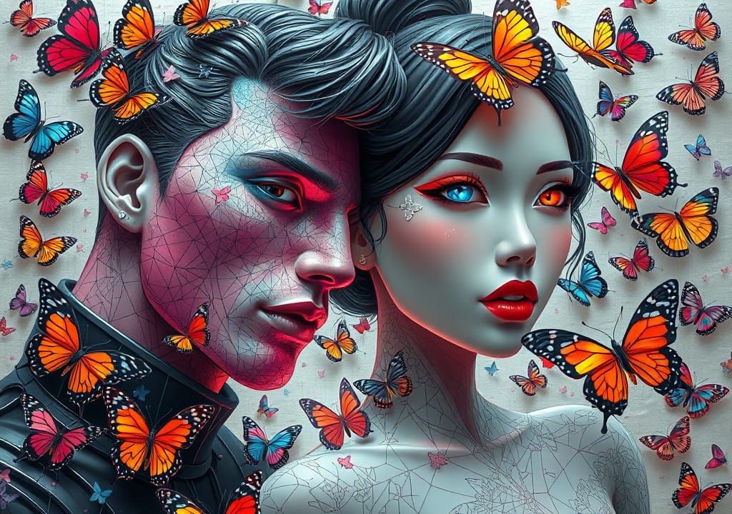 Rainbow Butterflies Surround Figures in Embossed 3D Art