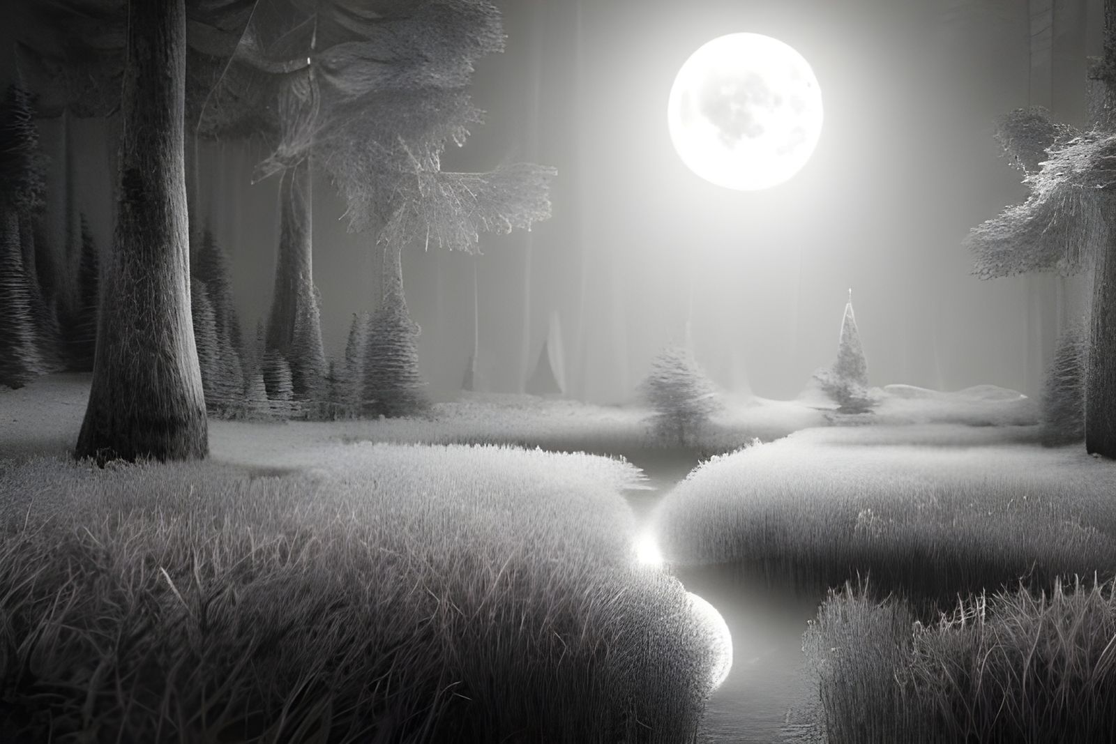 Monochromatic Forest at Night Under Full Moon
