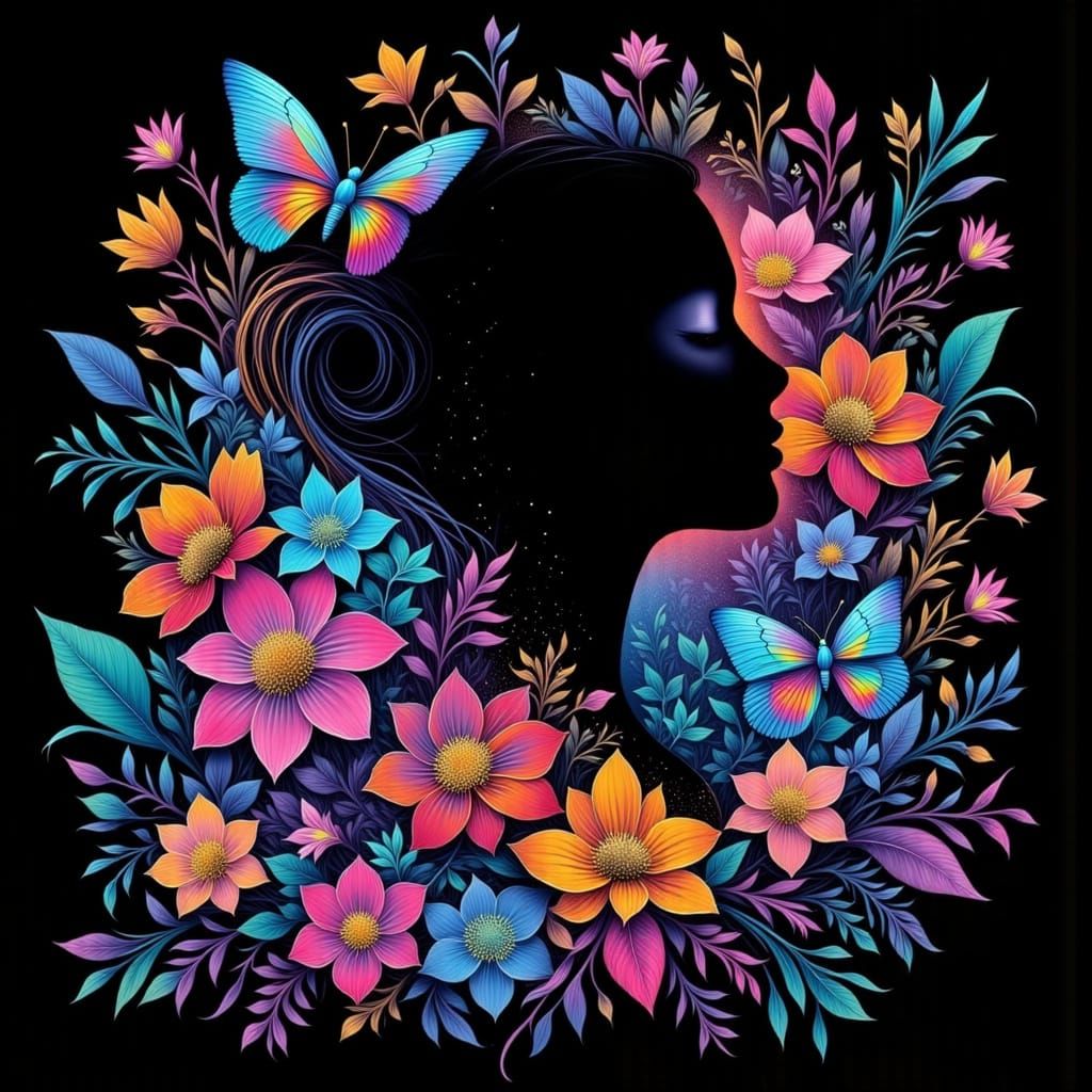 Rainbow Silhouette Figure with Flowers in Digital Painting S...