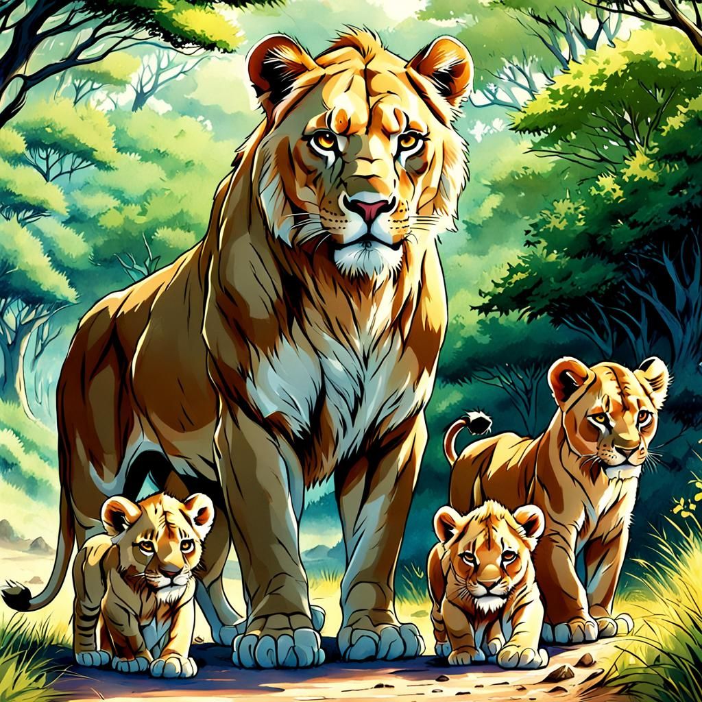 Lioness and Cubs in Anime Style