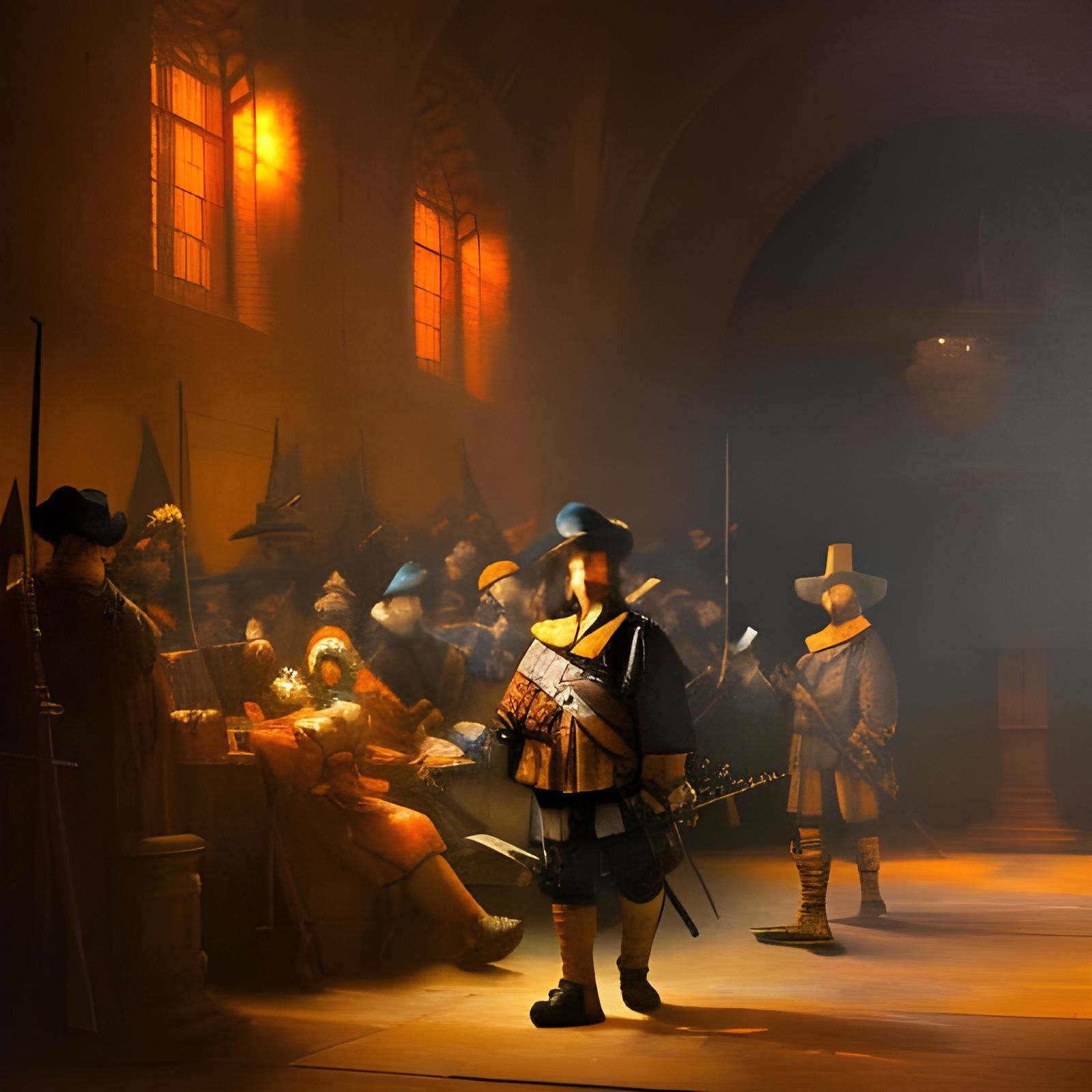 Night Watch in Style of Rembrandt, Detailed Digital Art