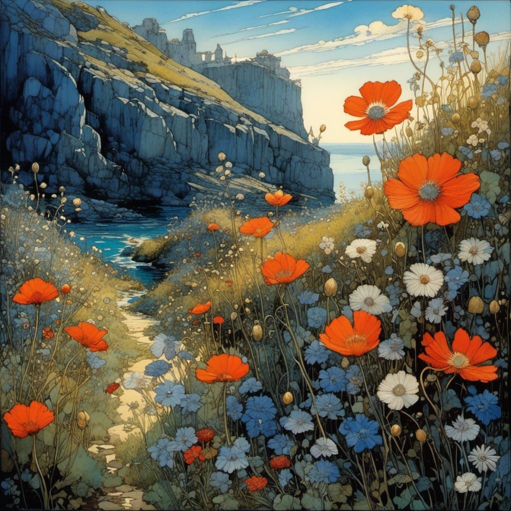Wildflower Path Through Rocky Landscape, Intricate Digital A...