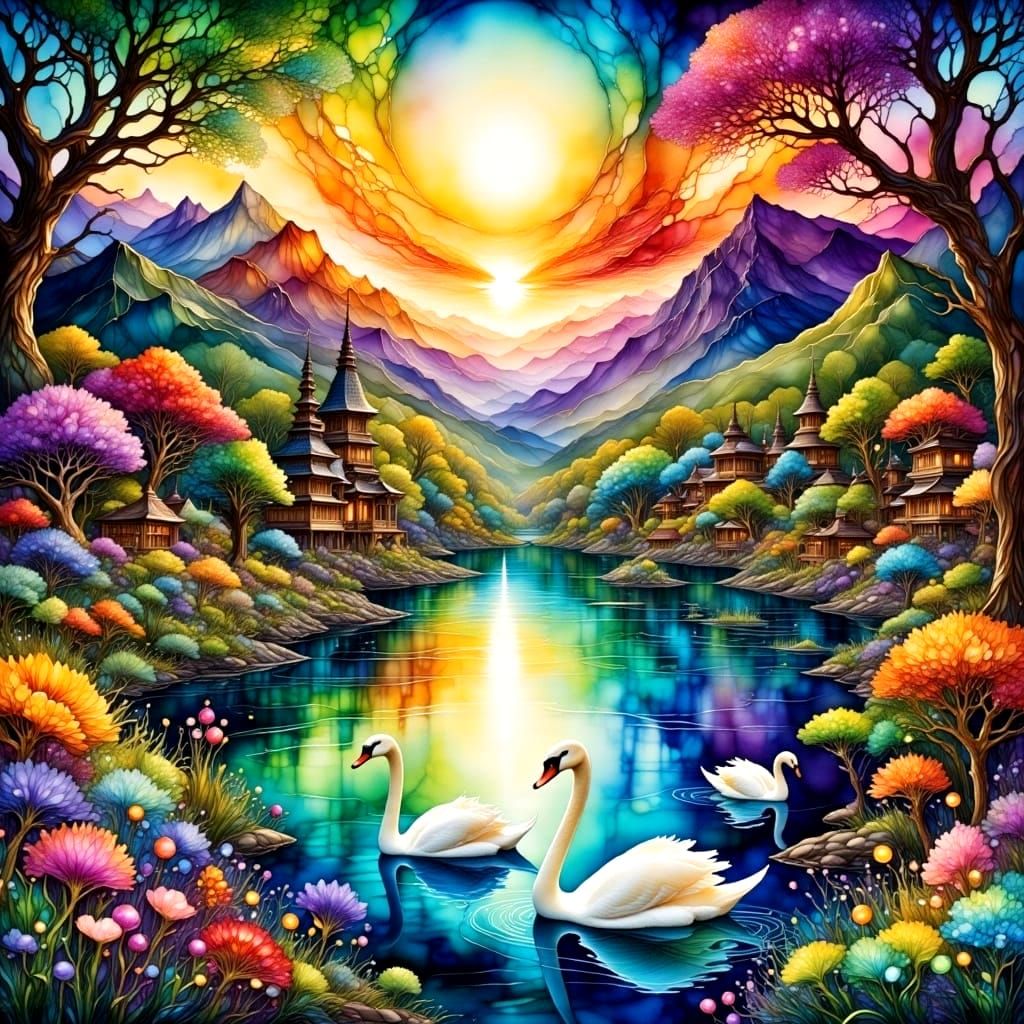 Epic Fantasy Landscape with Rainbow, Blooming Temples, and P...