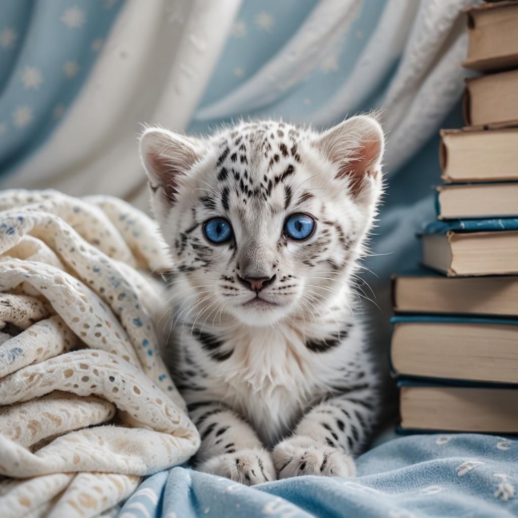 White Leopard Kitten with Blue Eyes on Desk