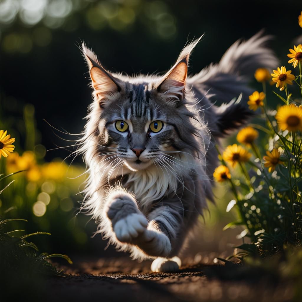 Maine Coon Cat Among Wildflowers: Cinematic Photography