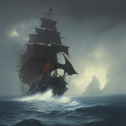 Pirate Ship Emerges from Ocean in Storm