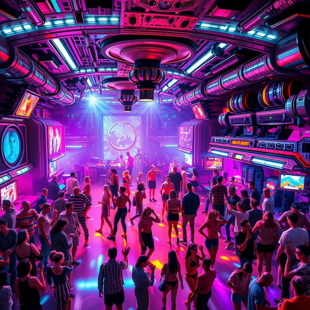 Neon-lit Disco Floor in Futuristic Space Station Concept Art