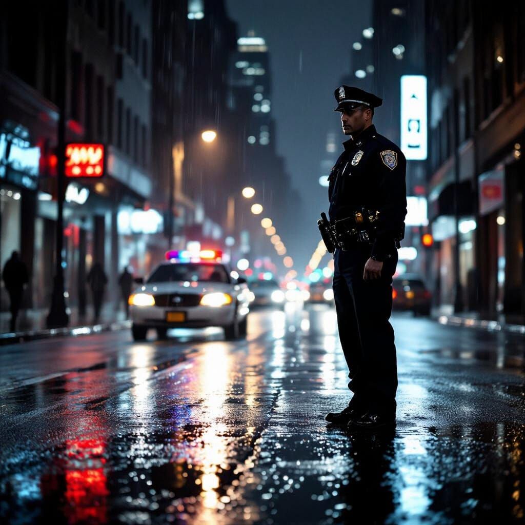 Police Officer Alert on Rainy City Street in Neo-Noir Style