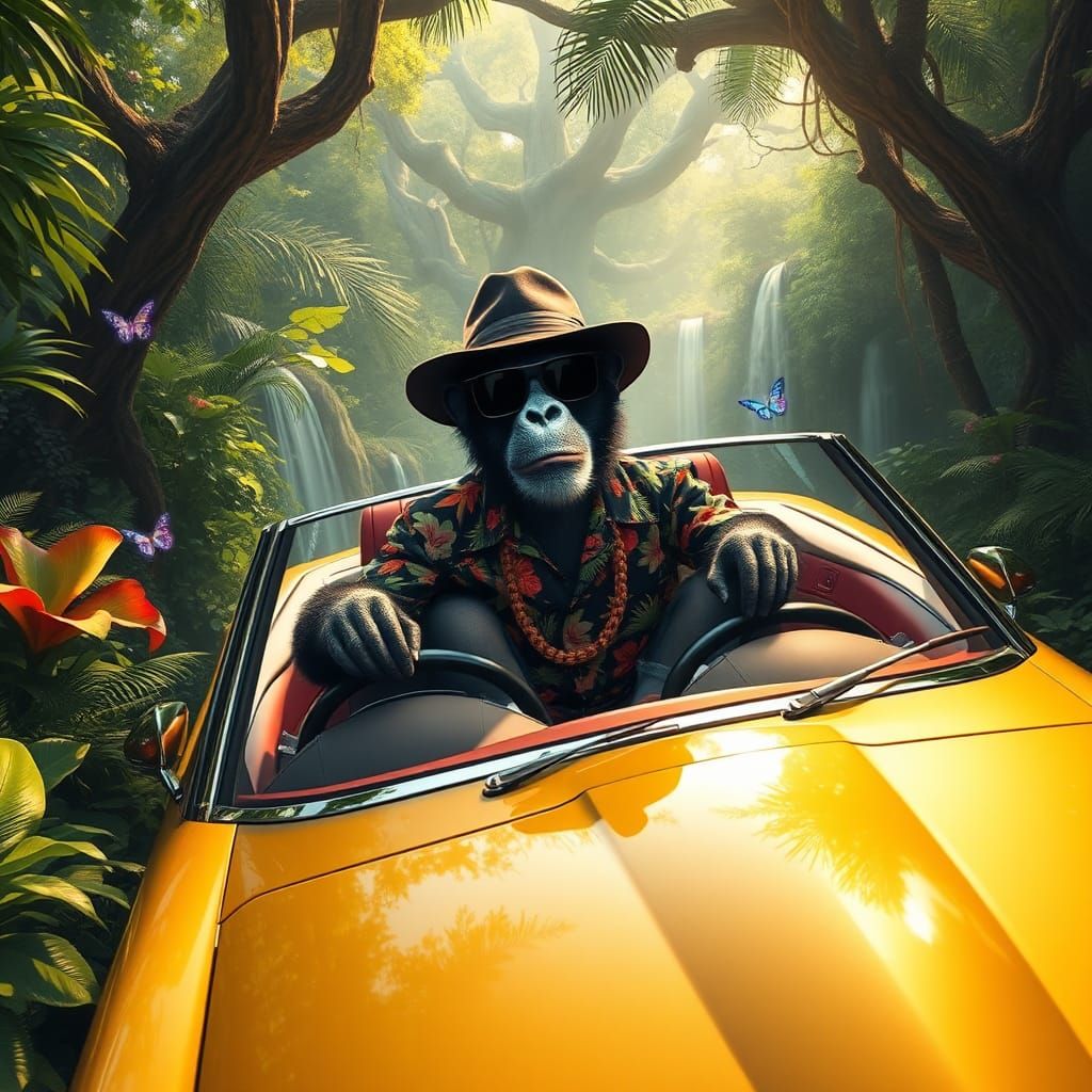 Monkey Drives Golden Mercedes in Lush Jungle