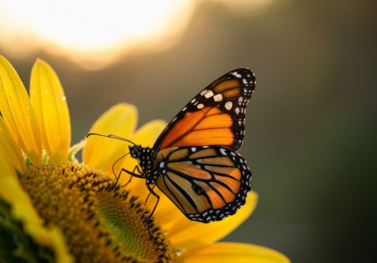 Monarch Butterfly on Sunflower at Sunrise Macro Photo