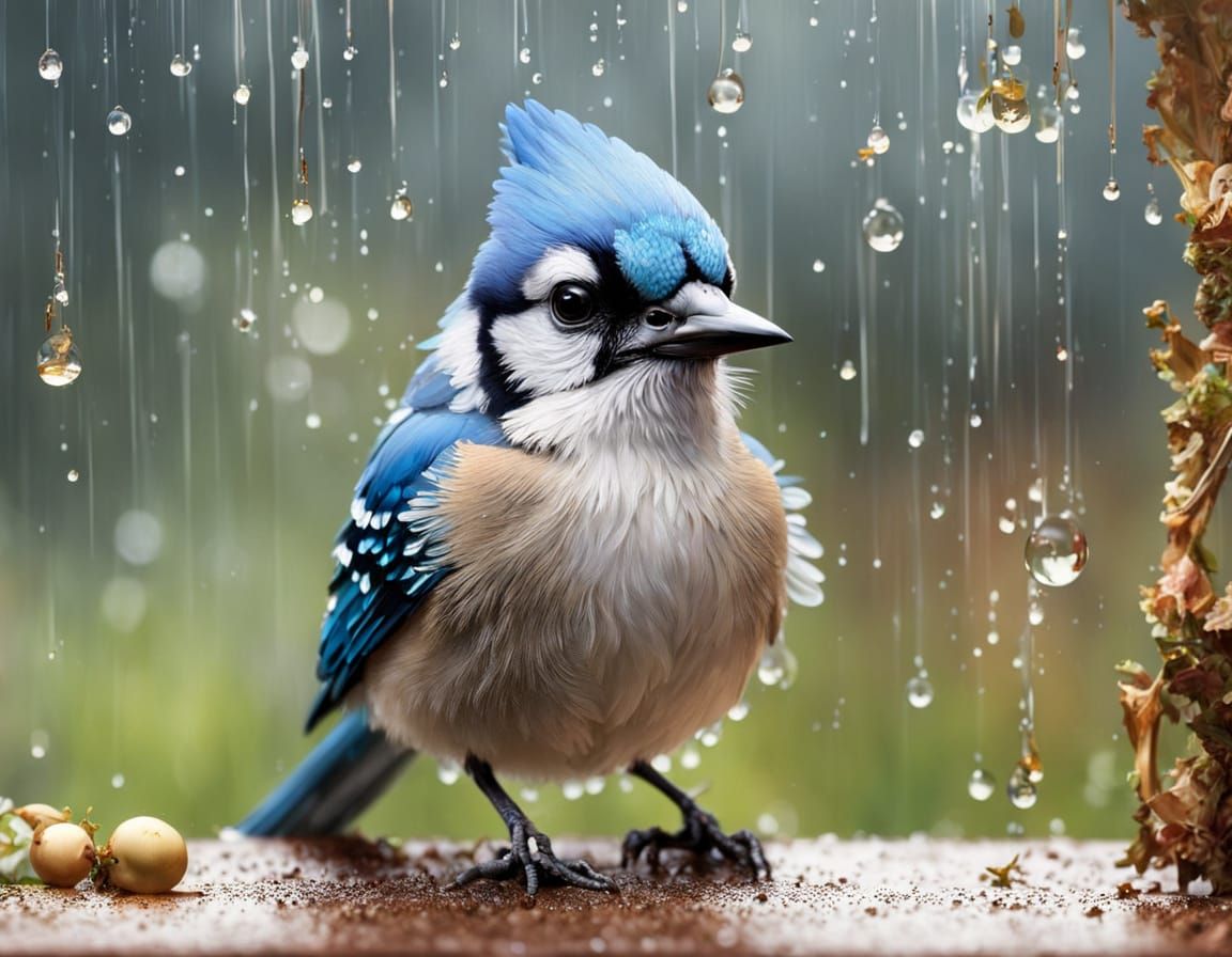 Cartoon Blue Jay in Rain: Intricate Watercolor Art