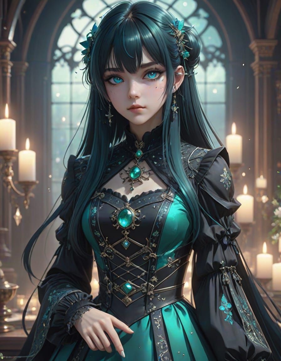 Whimsical Gothic Lolita in Emerald Dreamscape