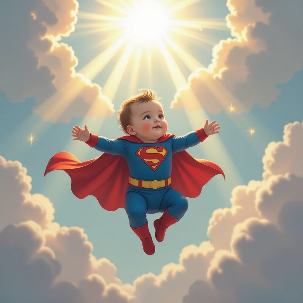 Cute Baby Superhero Floating in Heavenly Sunshine