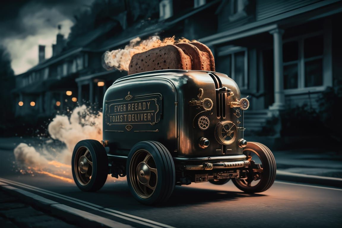 Steampunk Toaster Delivery in a Cinematic Photograph
