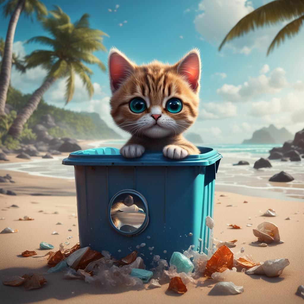 Kitten in Beach Trash Can: Fantasy Concept Art