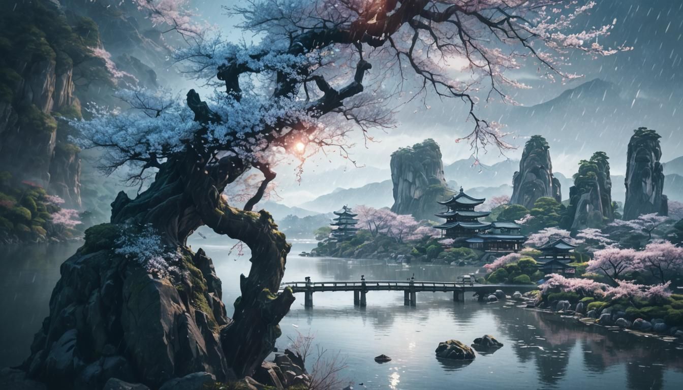 Sakura Tree at Lake with Temples: Hyperrealistic Seascape