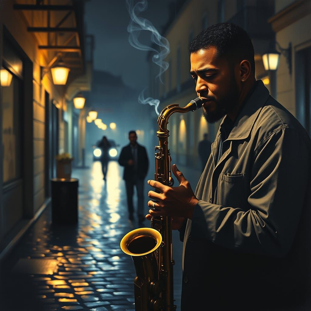 Jazz Saxophone Player on Rainy Night Street