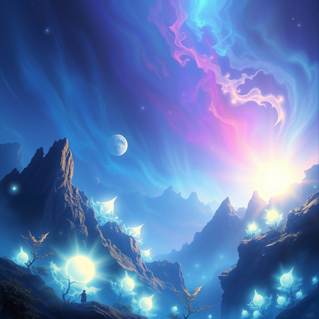 Ethereal Nebula Landscape with Glowing Orb