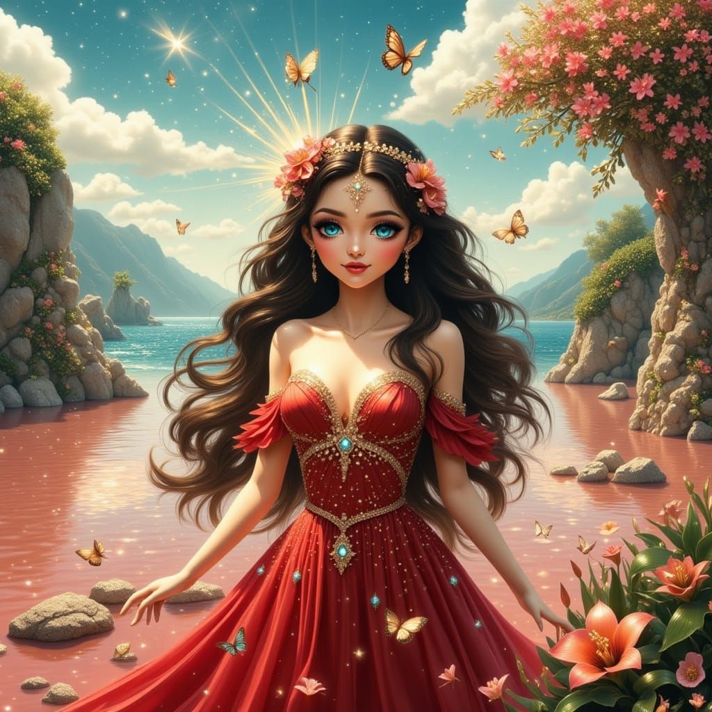 Magnificent Woman on Shoreline in Romantic Painterly Style