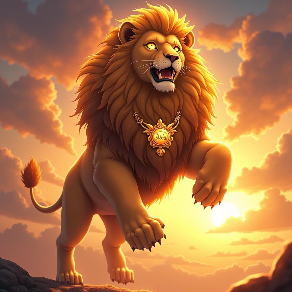 Regal Gold Lion Floats in Anime Sunset