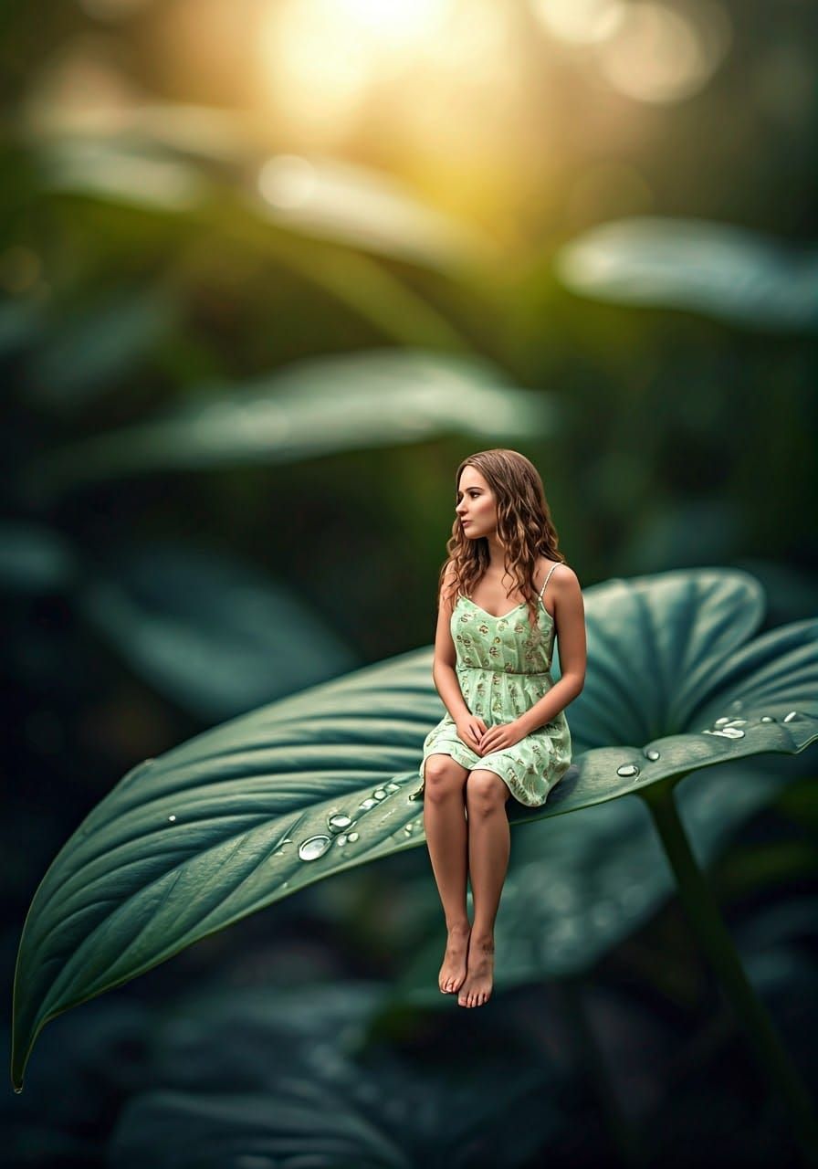 Tiny Woman Contemplates in a Verdant Garden
