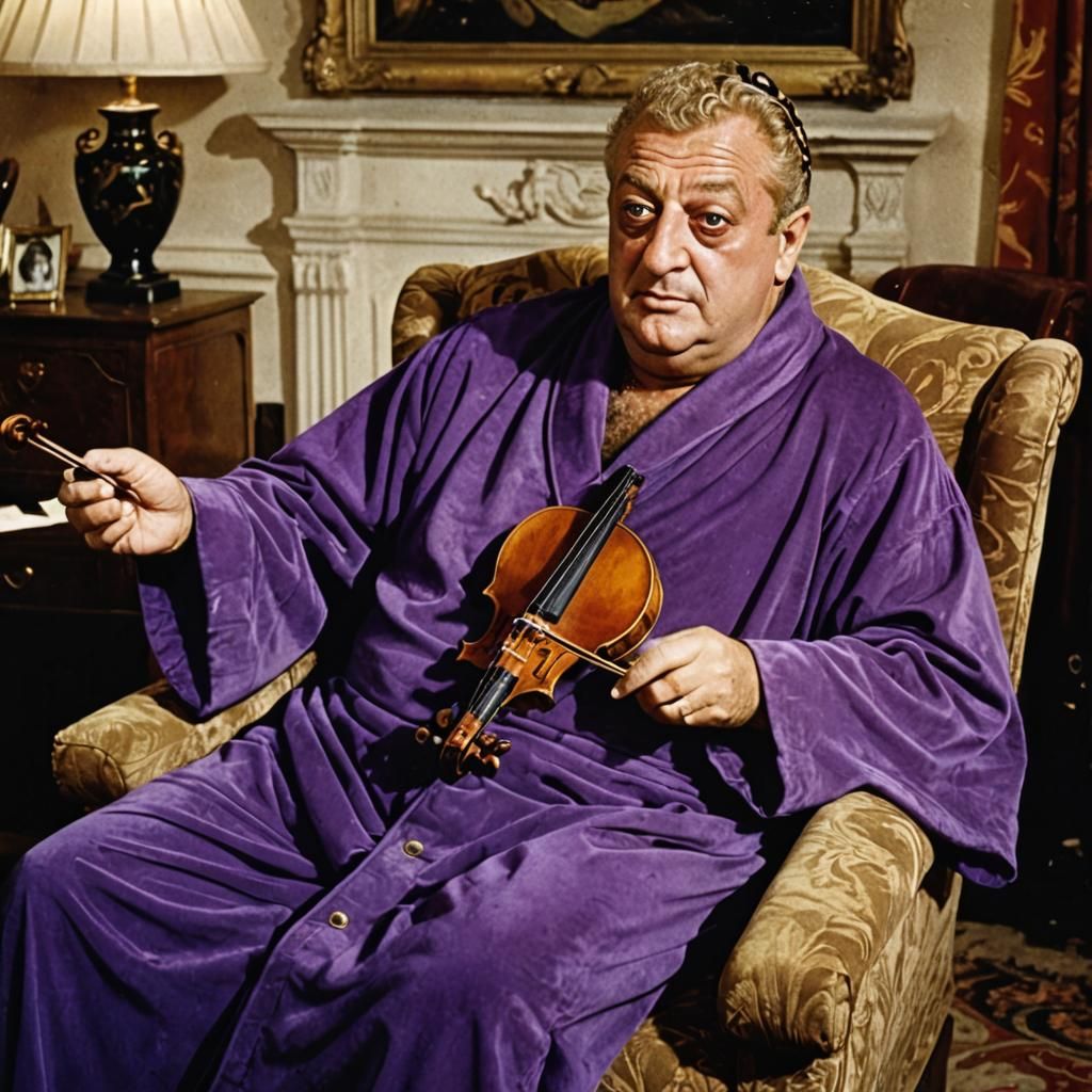 Rodney Dangerfield lounging in a purple robe with a violin in his role as the famous emperor Nero.