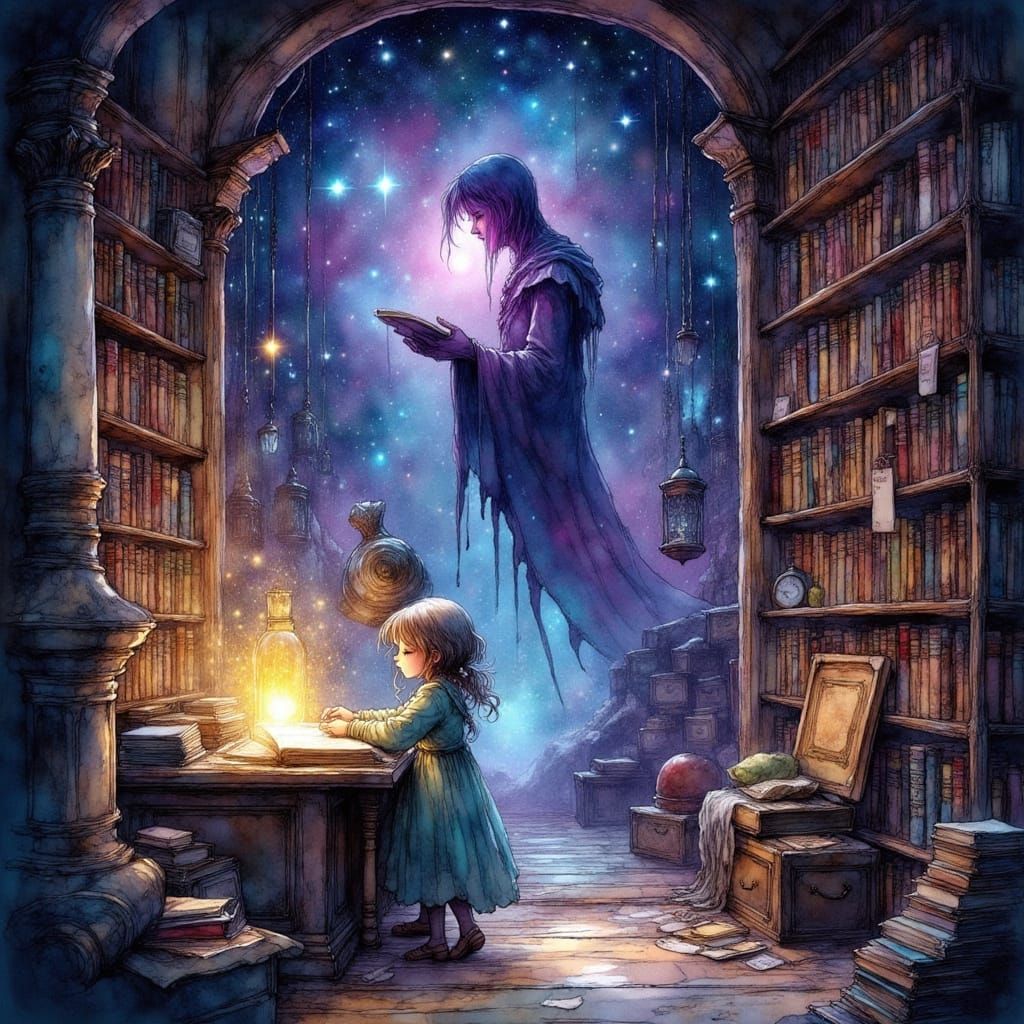 Ethereal Library with Spectral Librarian and Glowing Runes