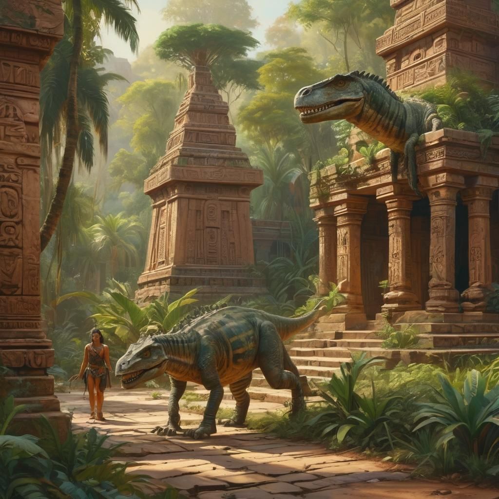 Dinotopia: Allosaurus Guarding Aztec Temple in Oil Painting