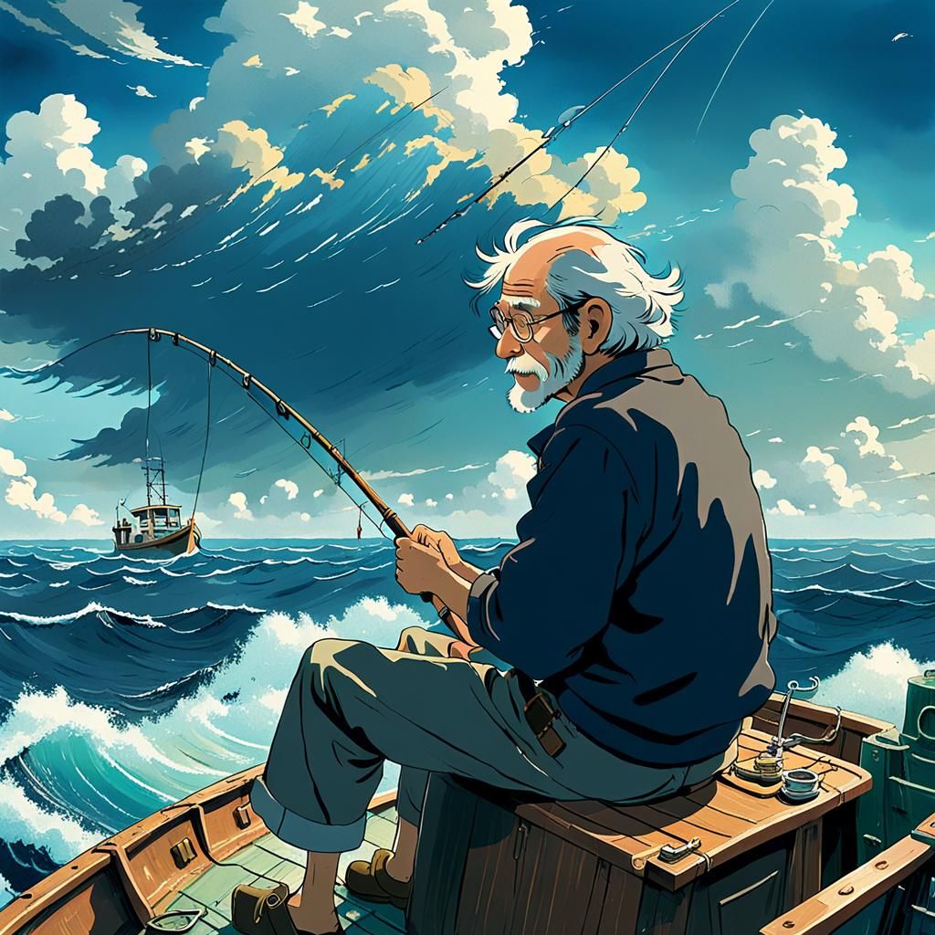 Old Man Fishing in Anime Style