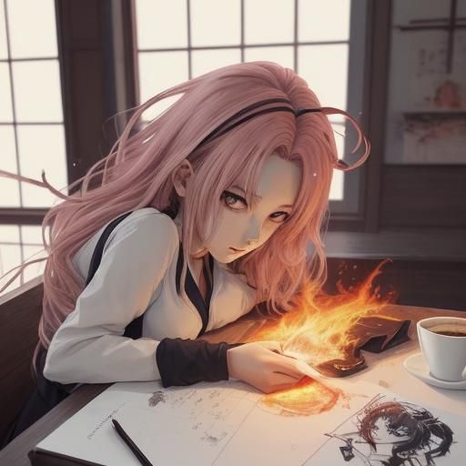 Joyful Anime Girl Amidst Coffee and Poetic Explosions