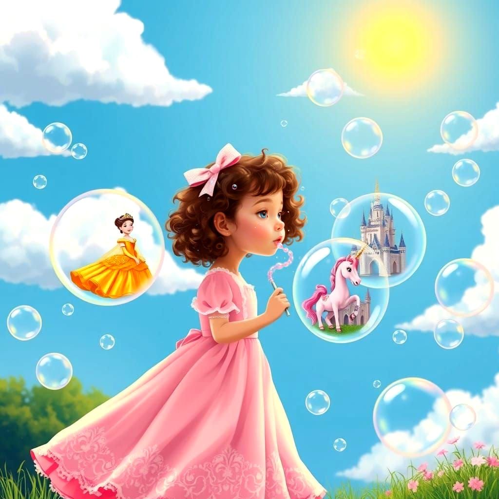 Whimsical Young Princess Blows Bubbles with Magical Friends