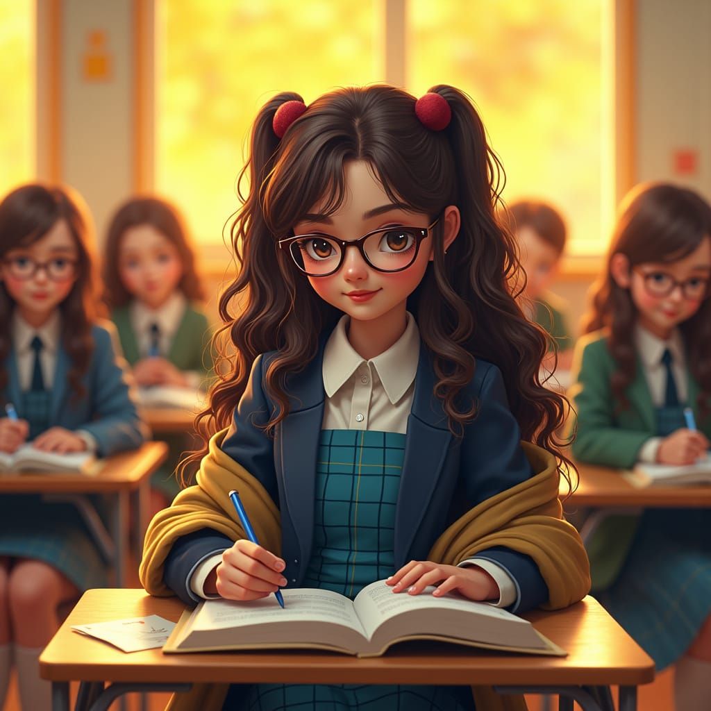 Girl Studies Silently in Vibrant Classroom, Digital Painting