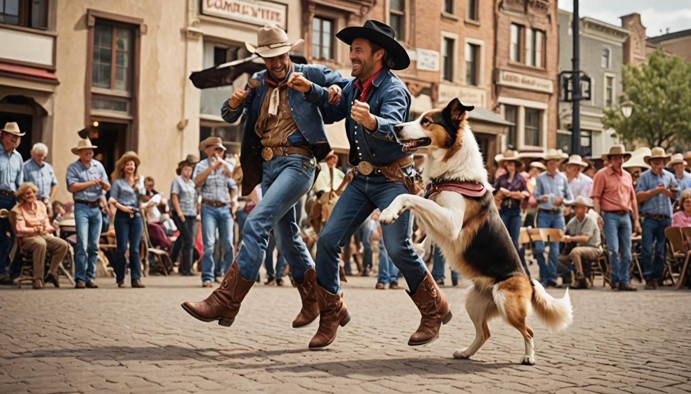 Cowboy and Dog Dancing in Town Square