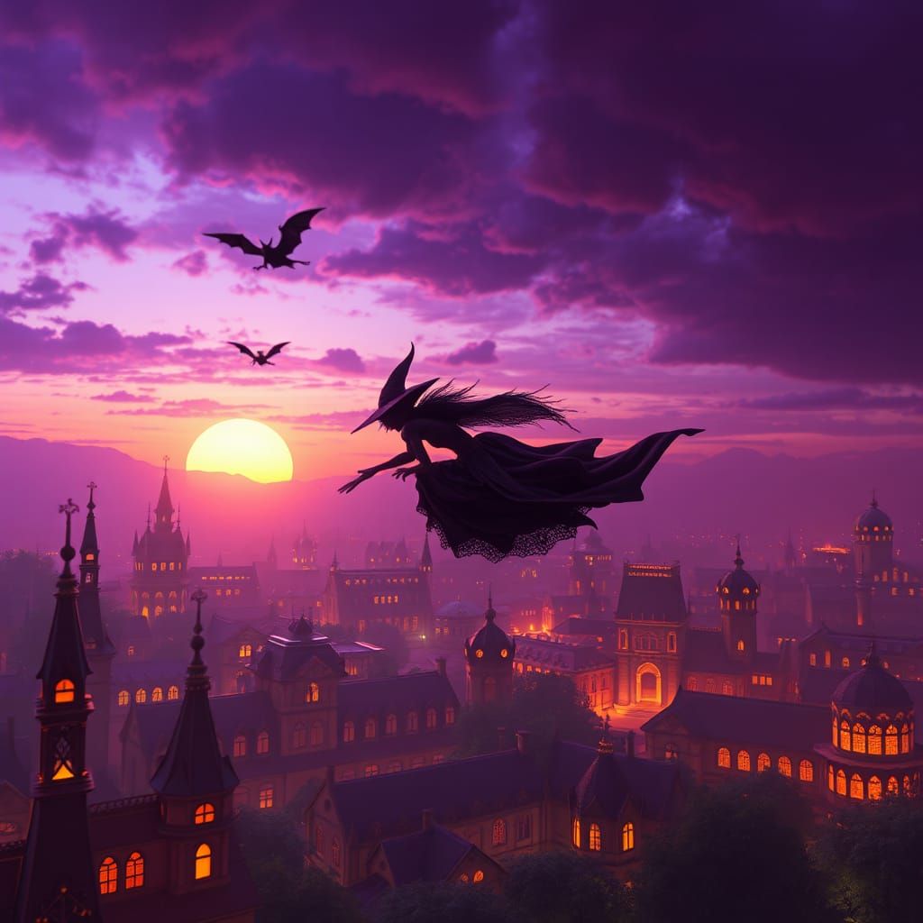 Phantom Witch Over Glowing City: Matte Painting