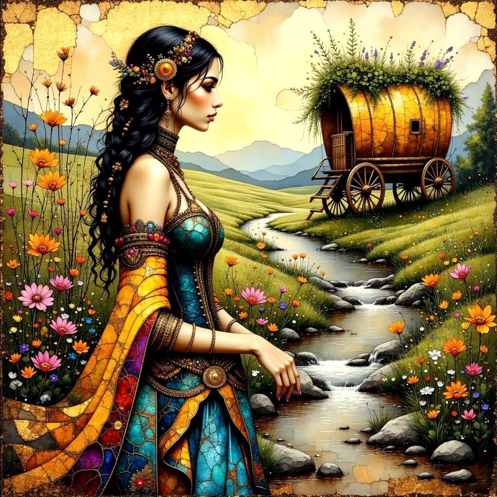 Gypsy Woman in Wildflower Meadow at Golden Hour