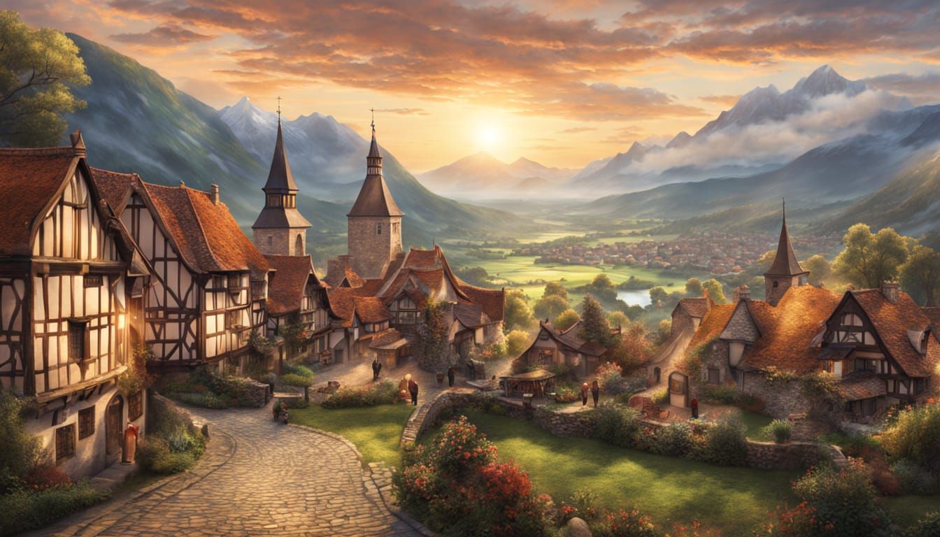 Idyllic 16th-Century Village at Dawn: Photorealistic Aerial ...