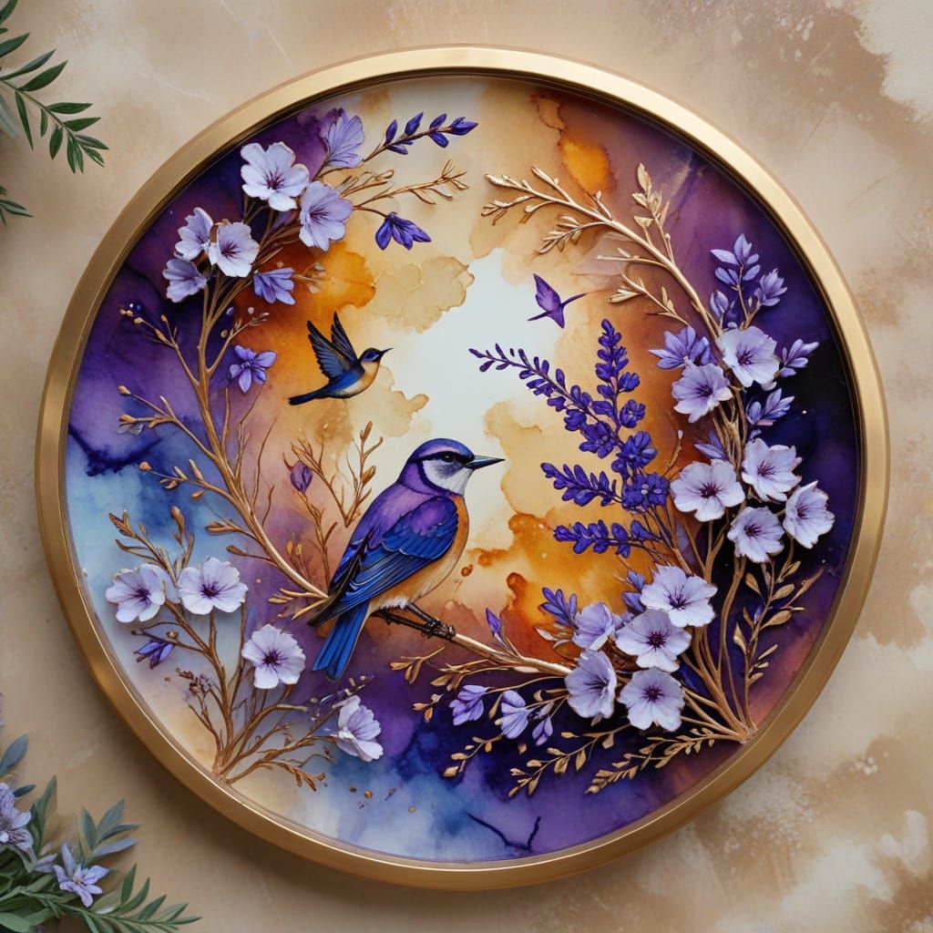 Circular Ink Art with Clouds, Flowers, and Bird in Gold Fram...