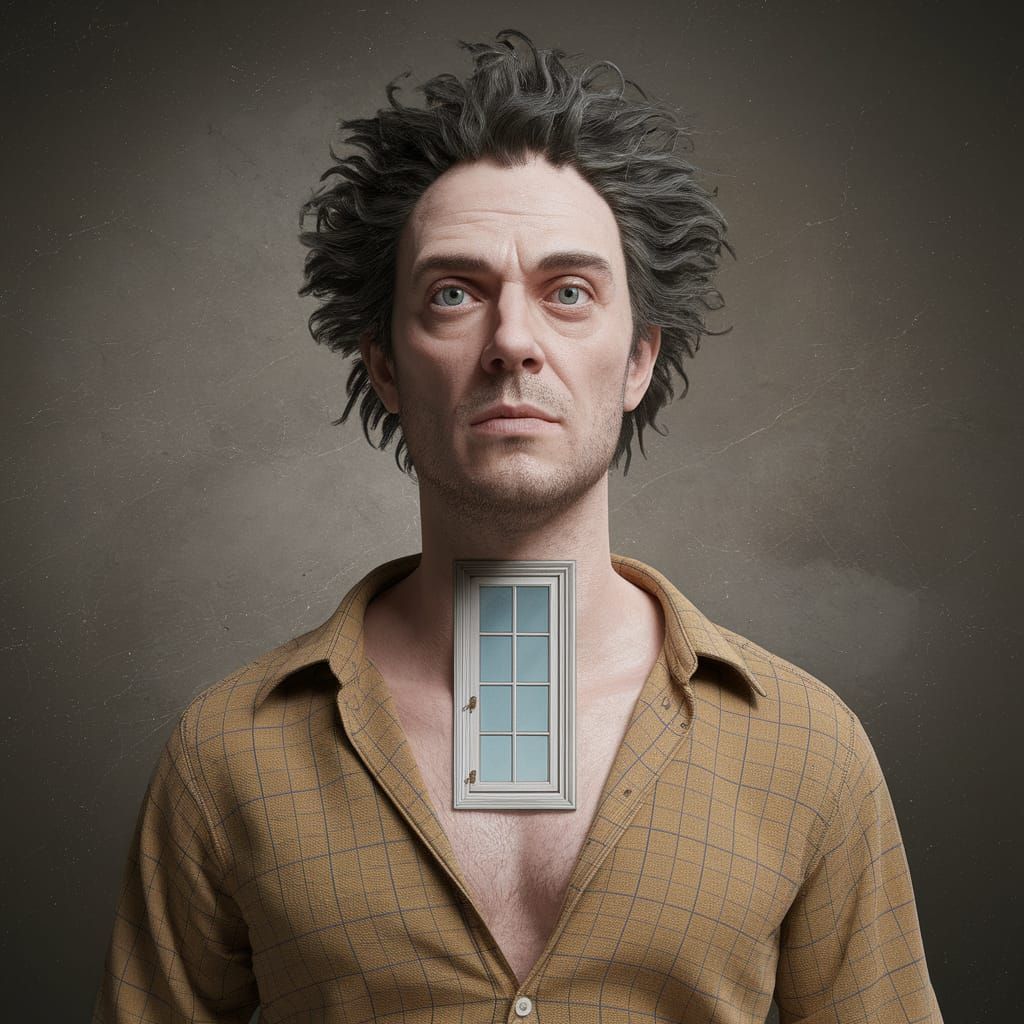 Surrealism. A man with a window tattooed on his neck. He wea...