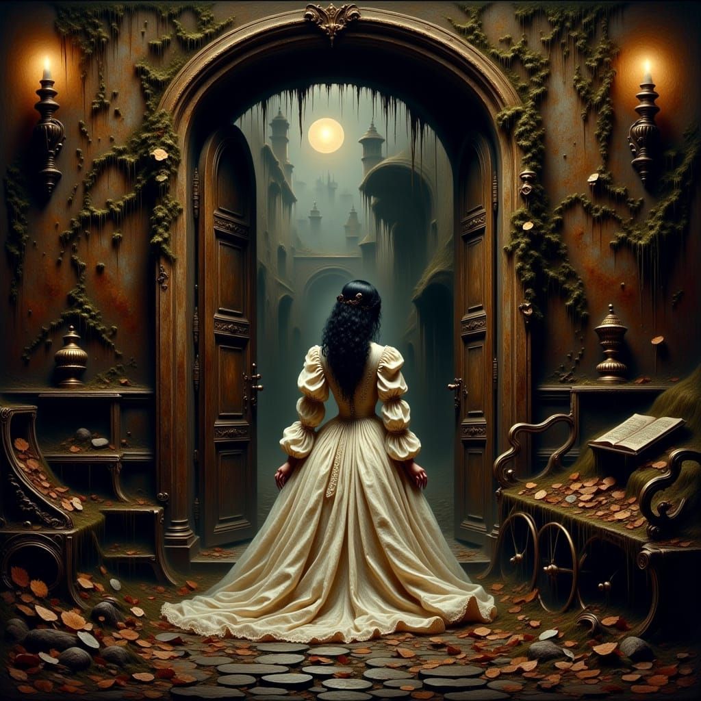 Glamorous Woman in Decaying Victorian Cityscape