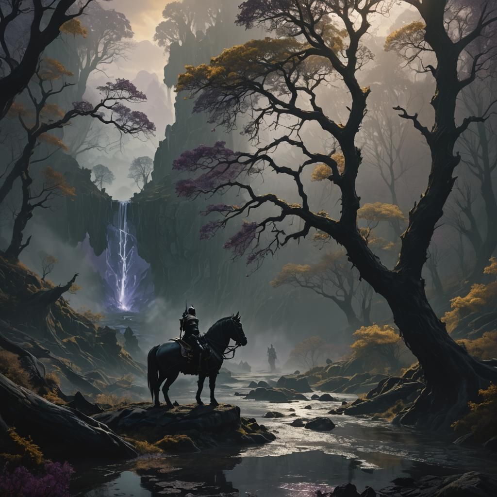 Black Knight on Misty Mountain: Dark Fantasy Art