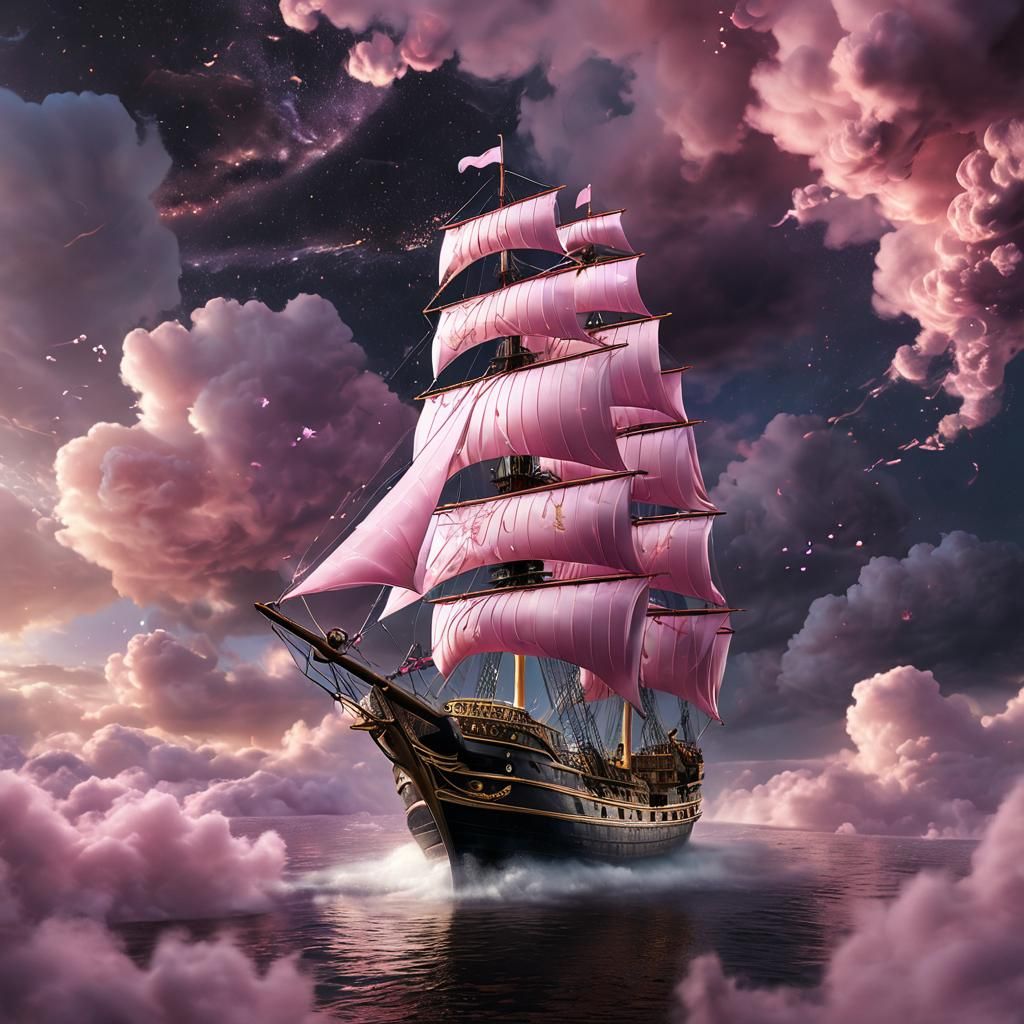 Pink Bow Ship Sailing Through Dreamlike Clouds