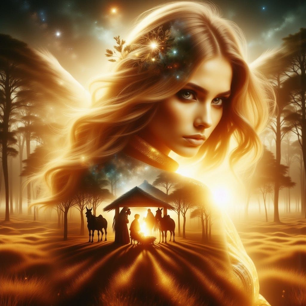 Angel and Nativity Scene Double Exposure Portrait