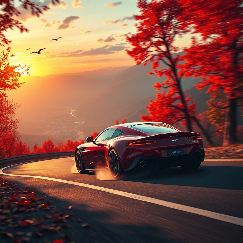 Crimson Aston Martin Drifts Through Autumn Mountain Sunset
