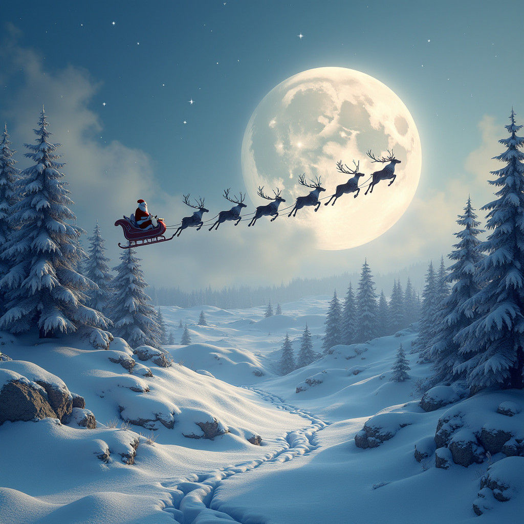 Santa's Sleigh Over Dreamlike Winter Landscape