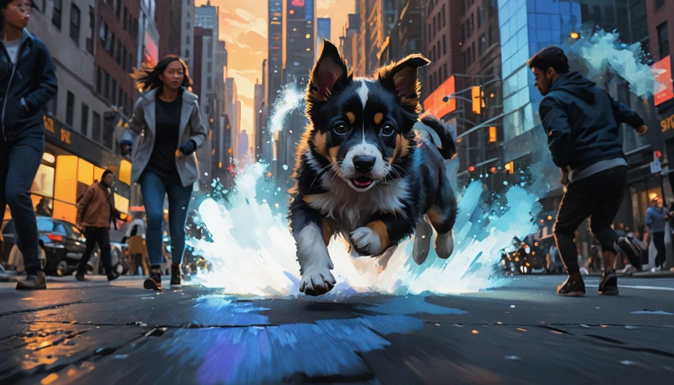 Puppy's Day Out: Vibrant Cityscape Oil Painting