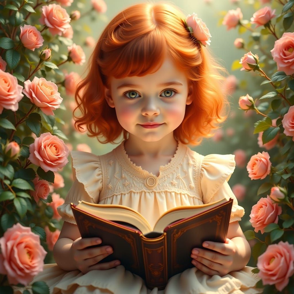 Redheaded Girl with Book in Storybook Style