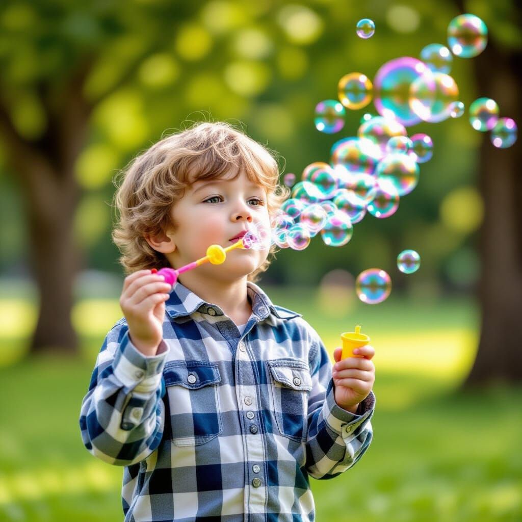 Boy Blowing Bubbles in a Sunny Park