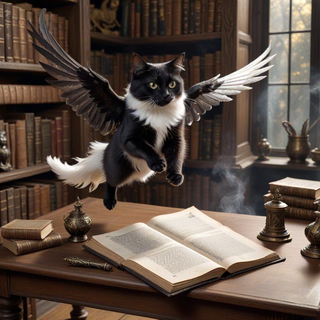Winged Black Cat Flies in Wizard's Study
