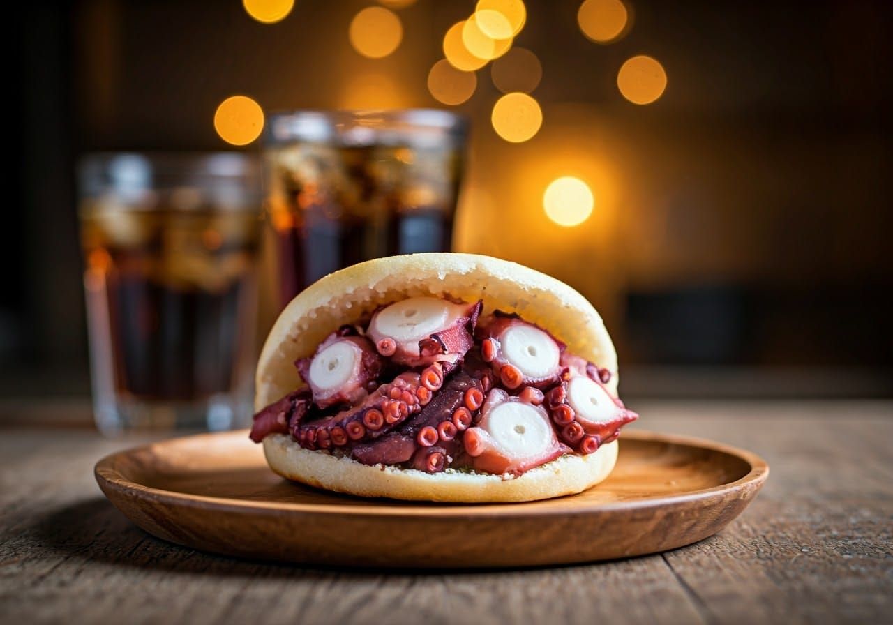 Octopus Arepa Sandwich Still Life, Colorful Art