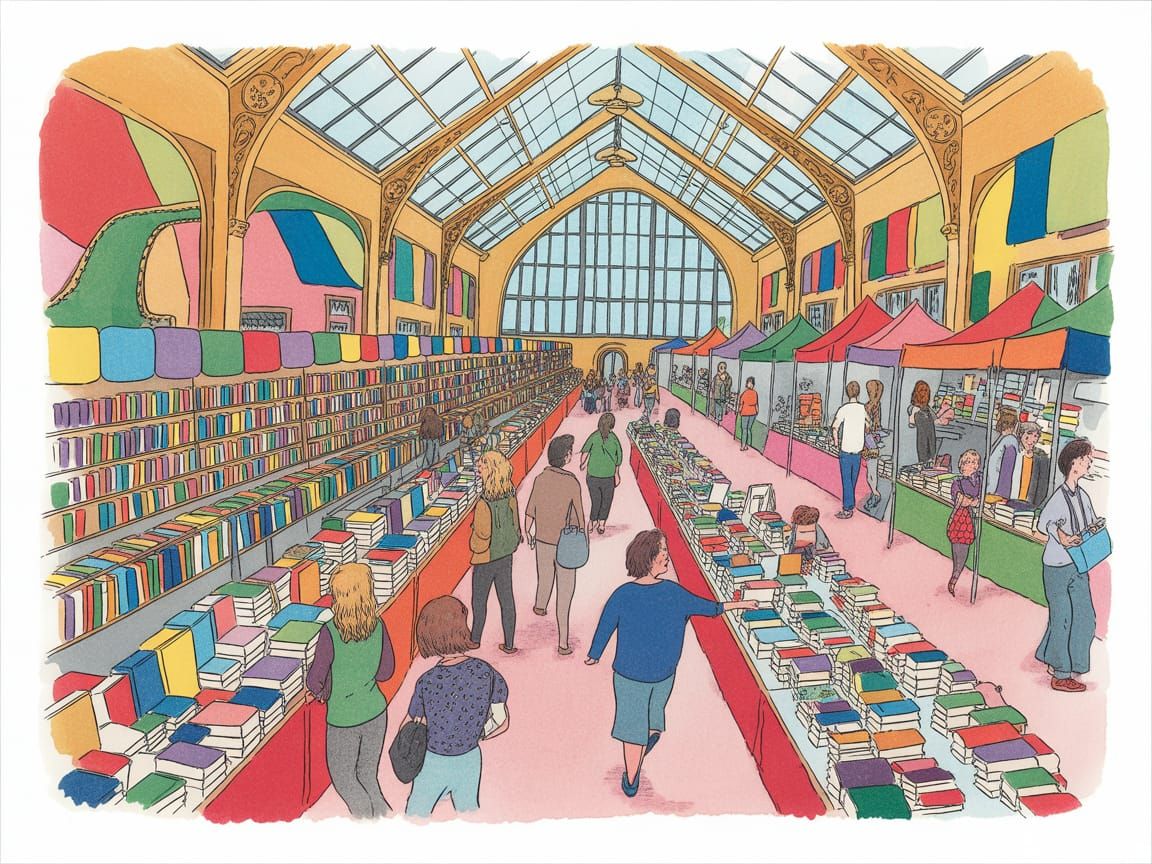 Colorful Watercolor Book Faire Illustration with Bold Lines